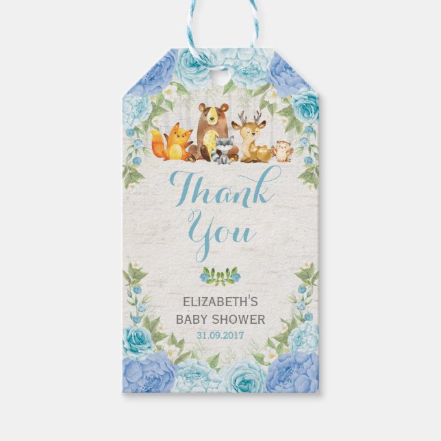Dusty Blue Woodland Animals Boy Shower Favor Presentetikett (Framsidan)