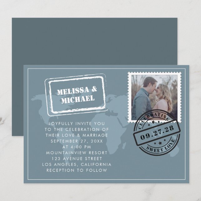 Dusty Blue World Map Destination Wedding Photo Inbjudningar (Fram/baksida)