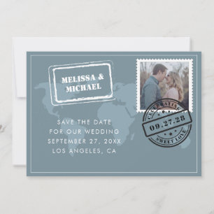 Dusty Blue World Map Destination Wedding Photo Spara Datumet
