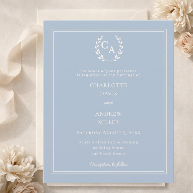 Dusty blue wreath monogram wedding invitation (Skapare uppladdad)