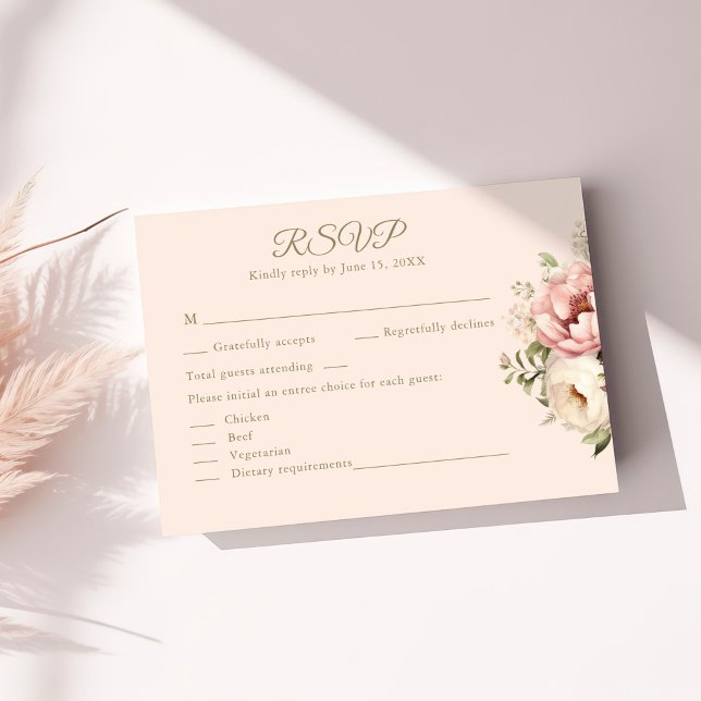 Dusty Blush Floral Wedding RSVP Card OSA Kort (Dusty Blush Floral Wedding RSVP Card on a sunny table with neutral dry botanicals)