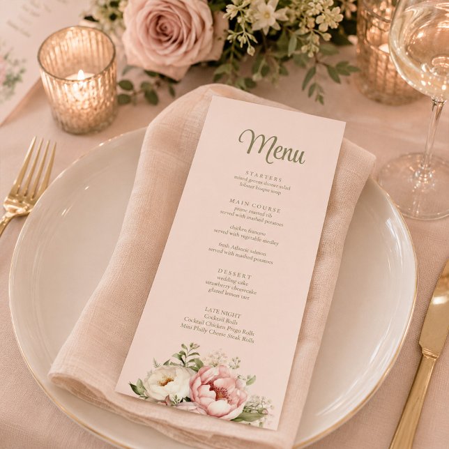 Dusty Blush Peony Bröllopsmeny Meny (Dusty Blush Peony Wedding Menu)