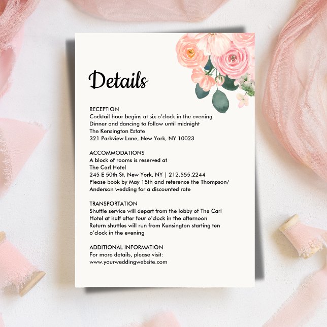Dusty Blush Pink Floral Wedding Details Card Tilläggskort (Dusty Blush Pink Floral Wedding Details Card)