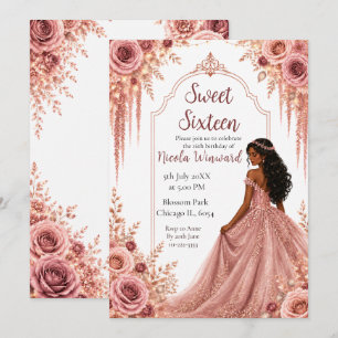 Dusty Blush Rosa och Guld Blommig Sweet Sixteen Inbjudningar