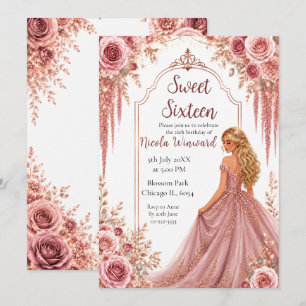 Dusty Blush Rosa och Guld Blommig Sweet Sixteen Inbjudningar
