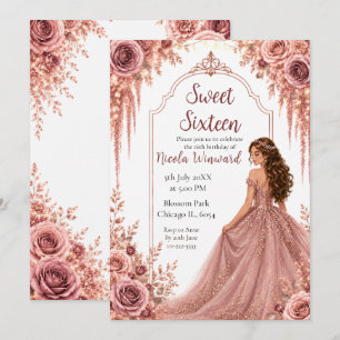 Dusty Blush Rosa och Guld Blommig Sweet Sixteen Inbjudningar