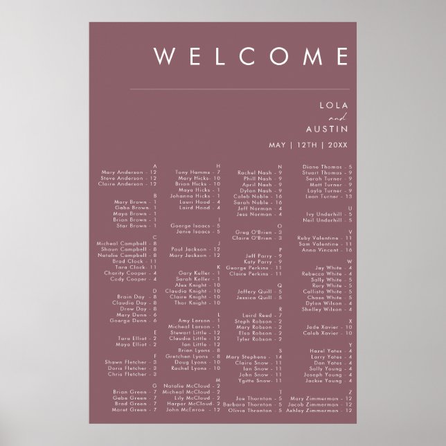 Dusty Boho | Alfabetiskt sittningsschema för Lila Poster (Framsidan)