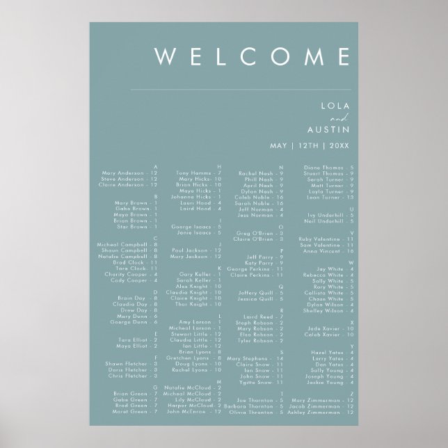 Dusty Boho | Blått alfabetiskt sittningsschema Poster (Framsidan)