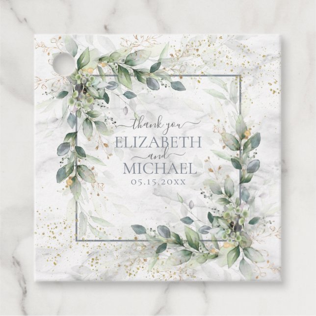 Dusty Botanical Greenery Guld Marble Bröllop Gåvor Etiketter (Framsida)