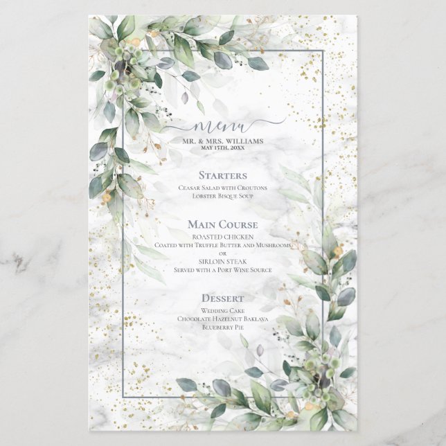 Dusty Botanical Greenery Guld Marble Bröllop Menu (Framsida)