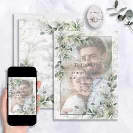 Dusty Botanical Greenery Guld Photo Save Date Spara Datumet