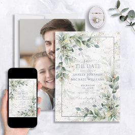 Dusty Botanical Greenery Guld Photo Save Date Spara Datumet