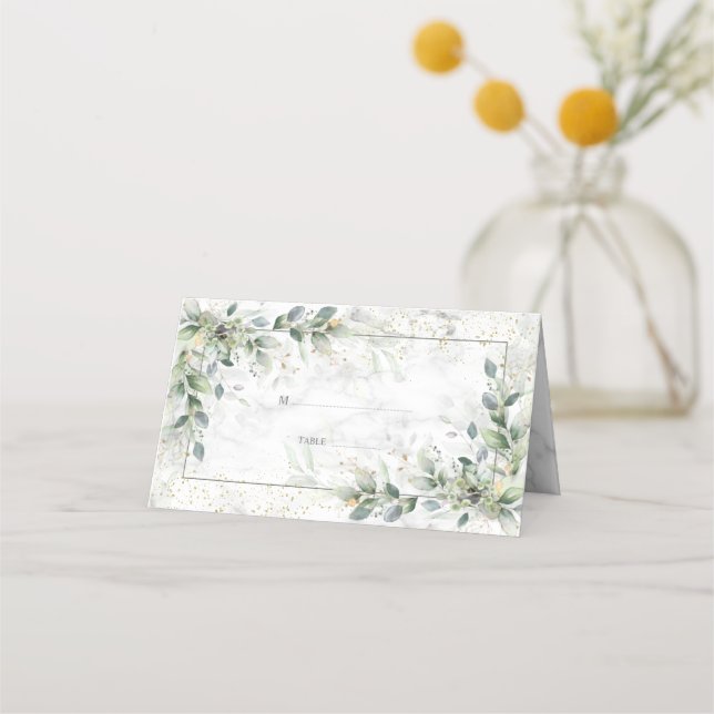 Dusty Botanique Greenery Guld Marble Place Card Placeringskort (Framsida)