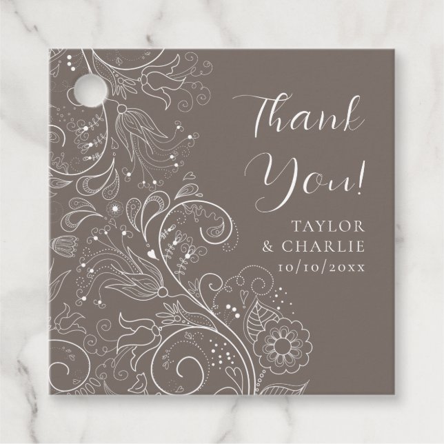Dusty Brown Elegant Blommigt Bröllop Tack Gåvor Etiketter (Framsida)
