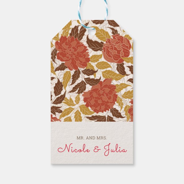 Dusty Brunt Orange Peony Flowers Fall Wedding Presentetikett (Baksidan)