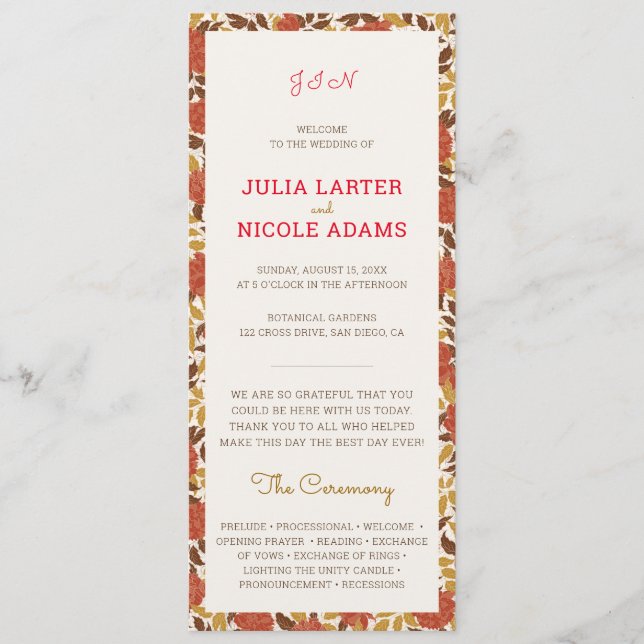 Dusty Brunt Orange Peony Flowers Fall Wedding Program (Framsida)