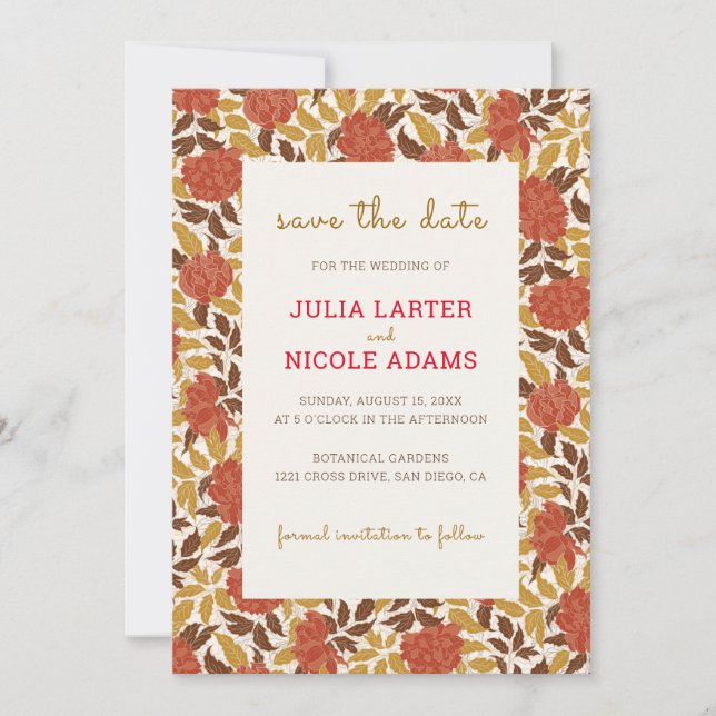 Dusty Brunt Orange Peony Flowers Fall Wedding Spara Datumet (Framsida)