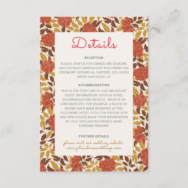 Dusty Brunt Orange Peony Flowers Fall Wedding Tilläggskort (Framsida)