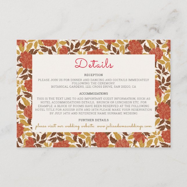 Dusty Brunt Orange Peony Flowers Fall Wedding Tilläggskort (Framsida)