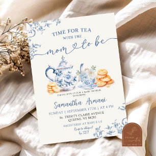Dusty Bue Chinoiserie Baby Shower Tea Party Inbjudningar