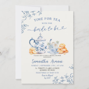 Dusty Bue Chinoiserie Möhippa Tea Party Inbjudningar