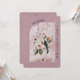 Dusty Burgundy Magnolia-Blommar och fåglar Bröllop Inbjudningar