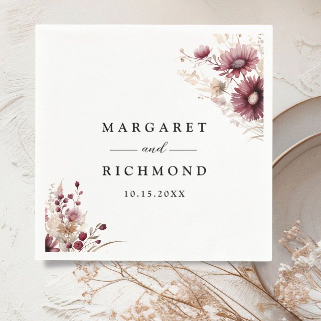 Dusty Burgundy Wildblommy Blommigt Bröllop Pappersservett (Skapare uppladdad)