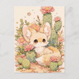 Dusty Coral Bloom Kawaii Fennec Fox Vykort