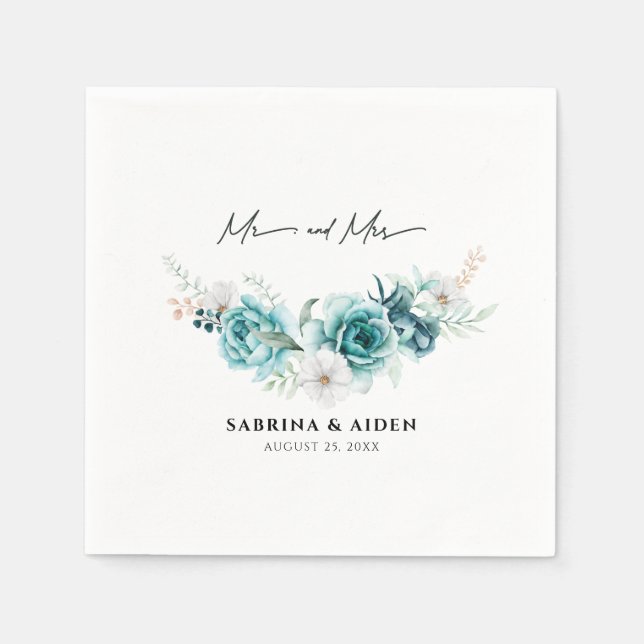 Dusty Emerald Grönt White Blommigt Bröllop Pappersservett (Framsidan)