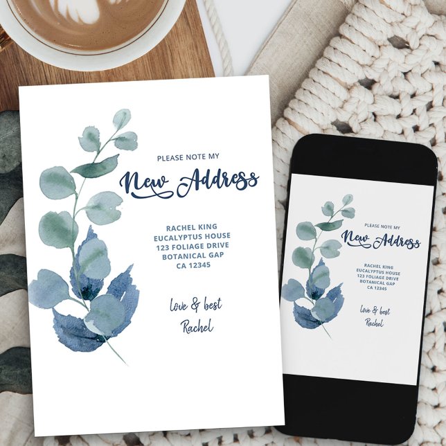 Dusty Eucalyptus Blue Grönt Foliage Flytta Meddelande (simple eucalyptus new address card available printed or as printable digital download)