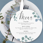 Dusty Eucalyptus Botanical Grey Round Menu Meny<br><div class="desc">Eucalytus Bröllop Menu med eukalyptus löv och elegant calligrafi. Denna känsliga botaniska utformning har vattenfärgen eukalyptus löv greenery och bladverk i nyanser av dammigt blått grått och grönt. En naturlig, rustik design som inte är blommigt och som passar en mängd teman från klassisk trädgård till ekologisk boho och ett modernt...</div>