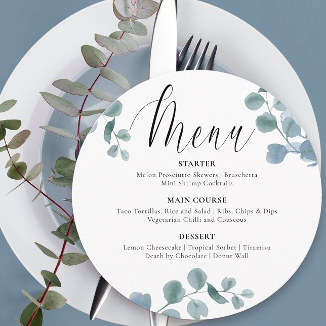 Dusty Eucalyptus Botanical Grey Round Menu Meny (Skapare uppladdad)