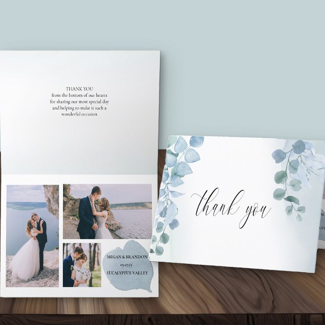 Dusty Eucalyptus Elegant 3 Photo Bröllop Tack Kort (Thank you card with 3 wedding photos from Dusty Eucalyptus wedding collection)