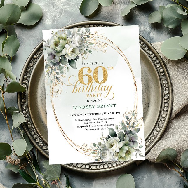 Dusty Green 60-års Boho Blad Inbjudan (Dusty Green 60th Birthday Boho Foliage Invite

)