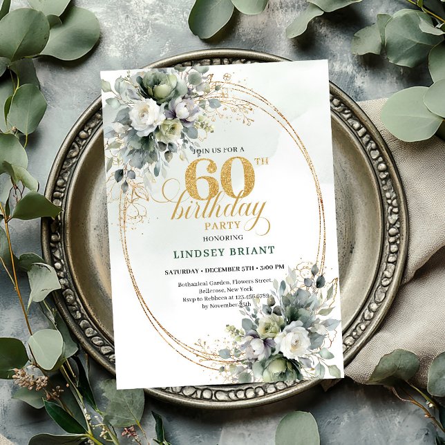 Dusty Green 60-års Boho Guld Inbjudan (Dusty Green 60th Birthday Boho Gold Invite

)