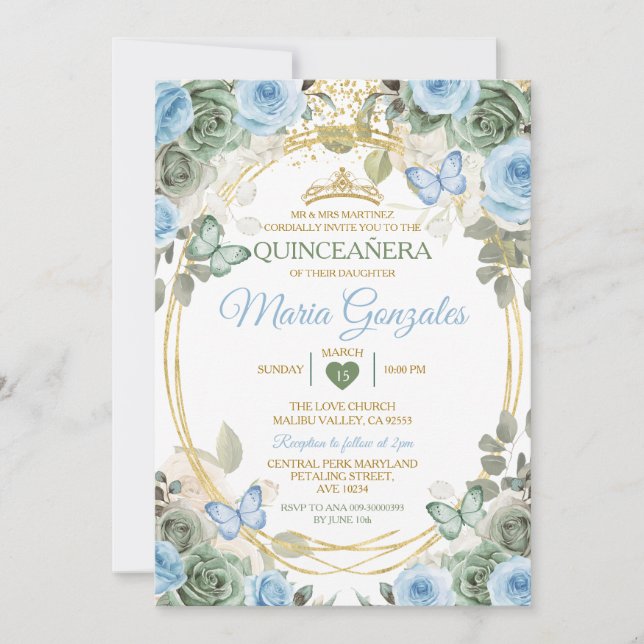 Dusty Green And Dusty Blue Floral Gold Quinceañera Inbjudningar (Framsida)