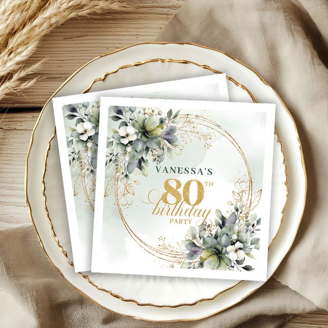 Dusty Green Boho Botanisk 80-årsfest  Pappersservett (Dusty Green Boho Botanical 80th Birthday Party Napkins)