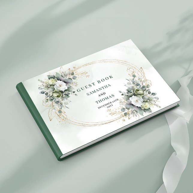 Dusty Green Botanical Guld Bröllop Gästbok (Dusty Green Botanical Gold Wedding Guest Book)