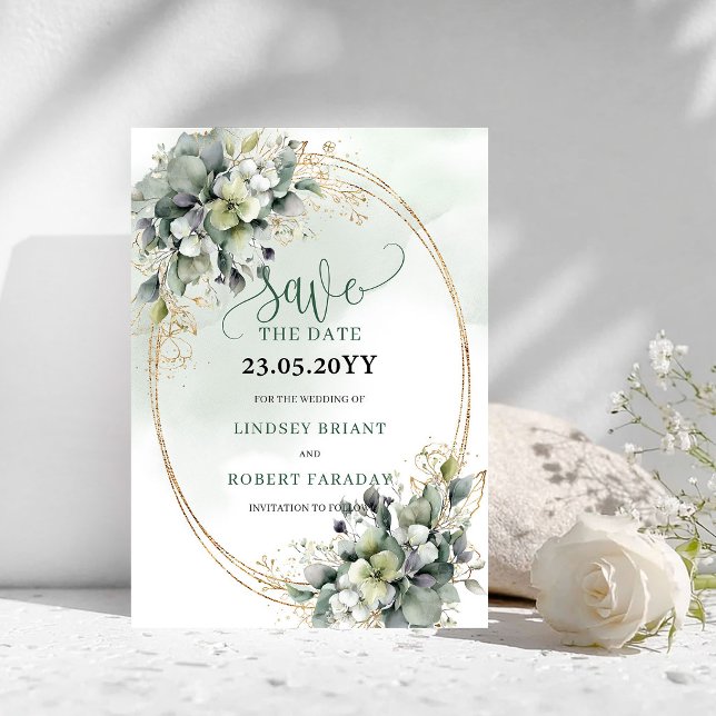 Dusty Green Botanical Guld Save The Date Spara Datumet (Dusty Green Botanical Gold Save The Date)