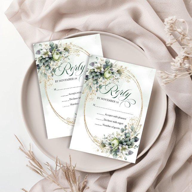 Dusty Green Botanisk Grön Guld Bröllops Svar   (Dusty Green Botanical Green Gold Wedding Reply RSVP Card)
