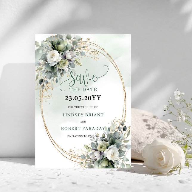 Dusty Green Botanisk Grön Guld Spara Datum Datumet (Dusty Green Botanical Green Gold Save The Date)