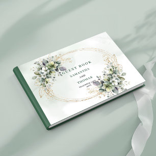 Dusty Green Eucalyptus Guld Bröllop Gästbok