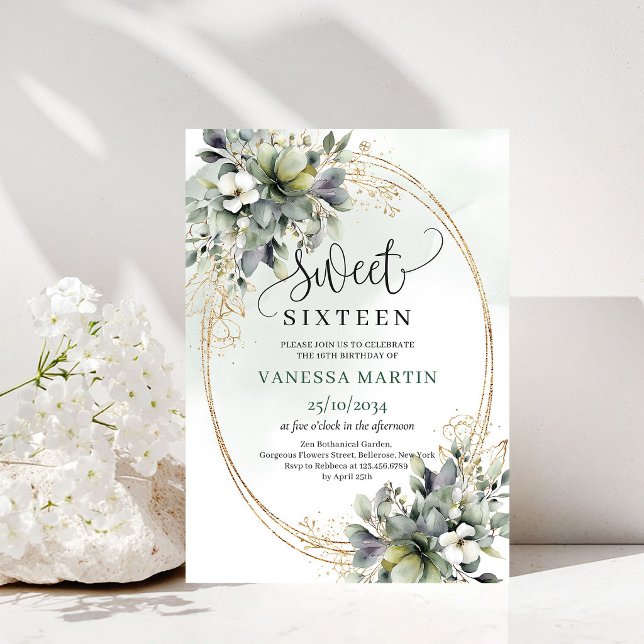 Dusty Green Eucalyptus Sweet 16 Guld Inbjudan (Dusty Green Eucalyptus Sweet 16 Gold Invitation)
