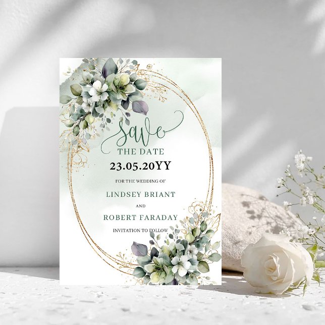Dusty Green Greenery Watercolor Spara Datumet (Dusty Green Greenery Watercolor Save The Date)