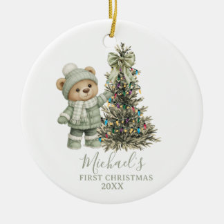 Dusty Green Sage Baby Bear First Christmas Julgransprydnad Keramik