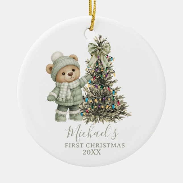 Dusty Green Sage Baby Bear First Christmas Julgransprydnad Keramik (Framsidan)