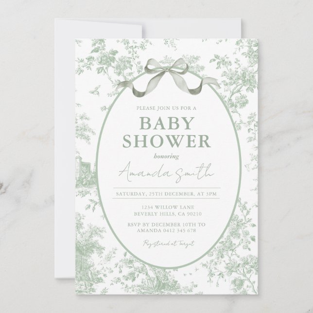 Dusty Green Sage Floral Toile Baby Shower Floral Inbjudningar (Framsida)