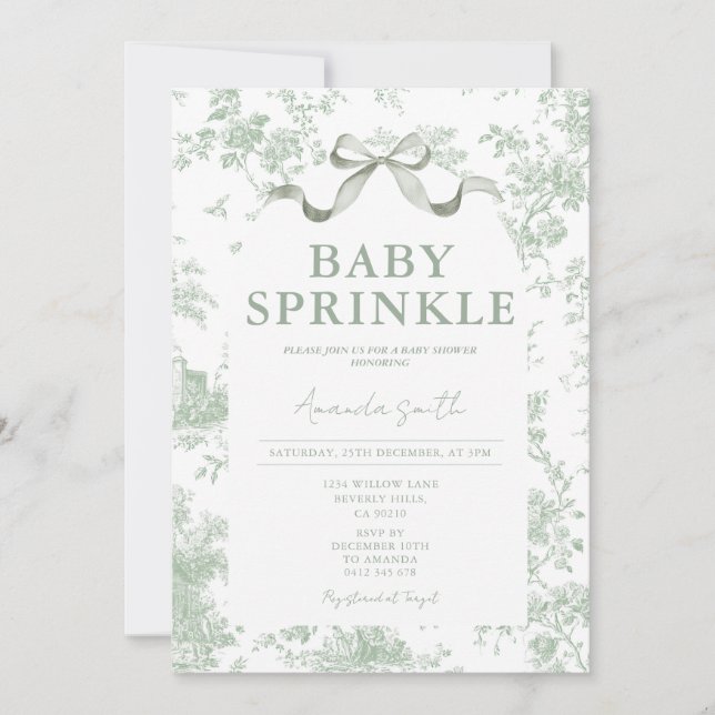 Dusty Green Sage Floral Toile Baby Sprinkle Floral Inbjudningar (Framsida)