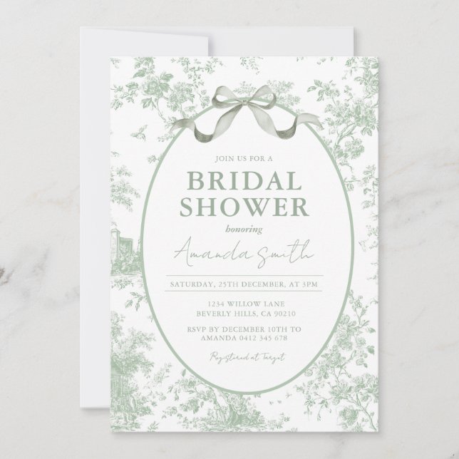 Dusty Green Sage Floral Toile Bridal Shower Inbjudningar (Framsida)