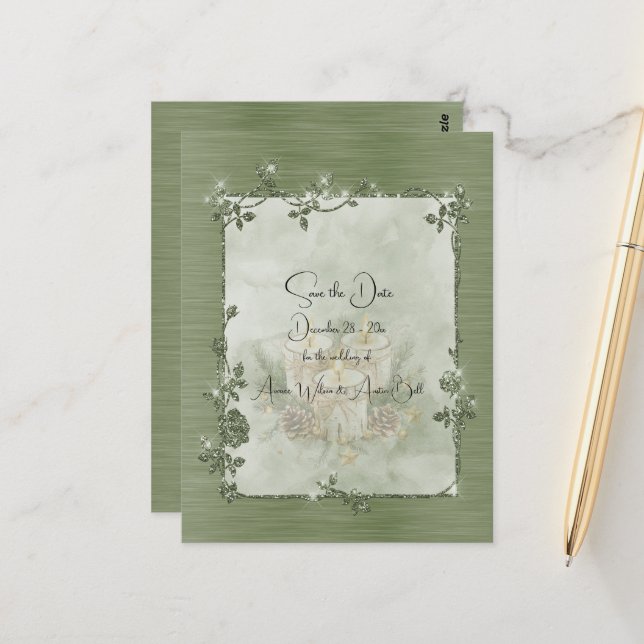 Dusty Green Shiny Elegant Sparkly Save the Date Vykort (Fram/Back In Situ)